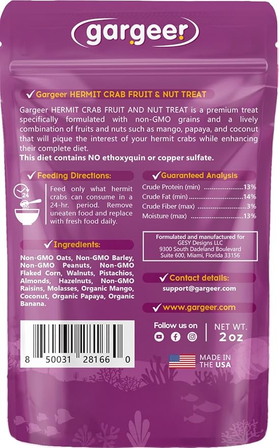 Gargeer Hermit Crab Fruit and Nuts Treat. Non-GMO Yummy Premium Ingredients, to Meet All Nutritional Needs. 2oz Granular Textured ‘Surprise Your Crab’ Meal. Enjoy!