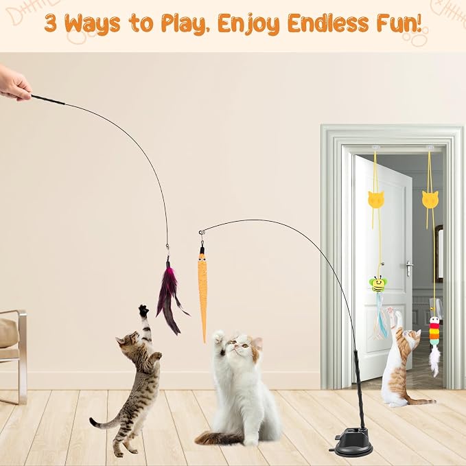 Depets Cat Wand Toy, 15 Pcs Interactive Cat Feather Toys for Indoor Self Play & Exercise, 2 Play Modes Kitten Teaser Wand, Reusable Suction Cup Kitten Toys - Image 2