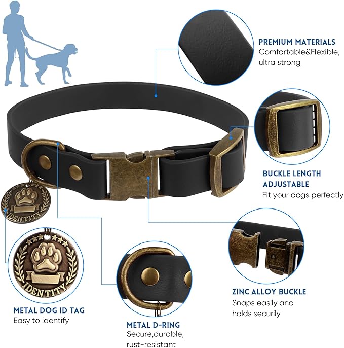 Wisedog Waterproof Dog Collar and Leash Set, Adjustable Puppy Collar with Cute Tag 4FT Dog Leash with Poop Bag for Small Medium Large Dogs (S, Black)