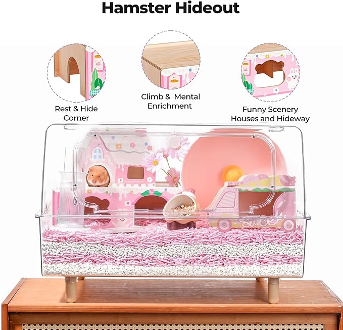 mini&moe Hamster Houses and Hideouts – Wooden Multi-Room Hamster Hideout Small Animal Habitat Decor Shelter with Platform for Dwarf Gerbils Chinchilla Rat Mouse