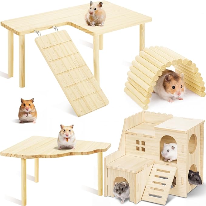BreezeHug 4 Pcs Hamster Platform Hideout Wooden Tunnel Ladder Playhouse Hamster Game Climbing Toy with Platform Cage Accessories for Small Pets Dwarf Syrian Mice Degus Gerbils Squirrel(Loft)