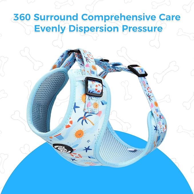 Dog Harness and Leash Collar Set with Dog Poop Bag Holder and Bandanas, Escape Proof Adjustable Puppy Cat Vest with Soft Mesh Padded, Pet Supplies for Small Medium Large Dogs Kitten(Blue Beach, XS)