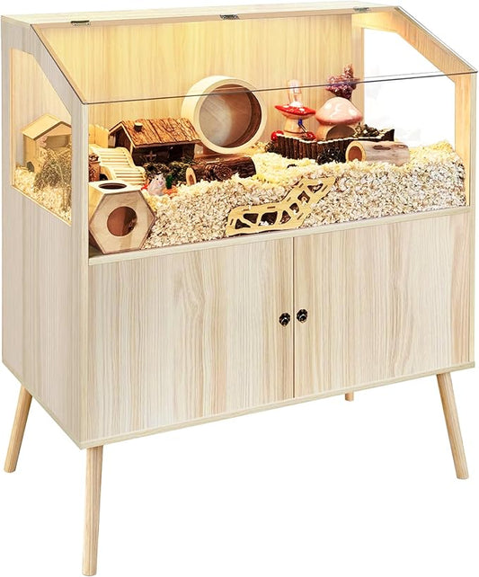 PROLEE Hamster Cage with Storage Cabinet,Large Hamster Encloure Chew Proof Wood,Clear View Hamster Habitat for Guinea Pig, Ferret, Rat, Hedgehog, 40" L x 20" W x 47" H (Oak)