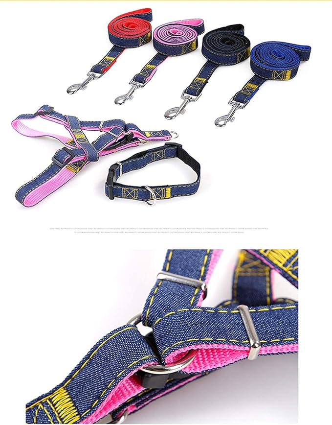 Denim Pet Dog Collar Harness Leash Set for Puppy Dog Cat, Adjustable Dog Harness Vest Collar Lead S/M/L/XL
