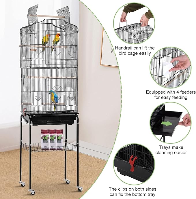 64 inch Bird Cage, Wrought Iron Parakeet Cage Bird Cages for Cockatiels, Medium Small Parrots, Conures, Lovebirds, Budgies, Finches, Detachable Rolling Stand & Play Open Top & Storage Shelf, Black
