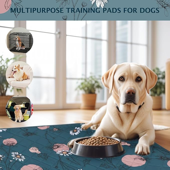 IEUUMLER Washable Pee Pads for Dogs, 2 Pack Non-Slip & Waterproof Pack Whelping Pad, Reusable Washable Puppy Potty Training Pad with Fast Absorbent for Playpen EU007 (Navy Blue Daisy, 24"X48"-2pcs)