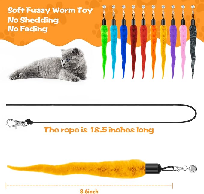 Kerros Fuzzy Worm Cat Wand Refills with Black String, 10 Pcs - Image 3