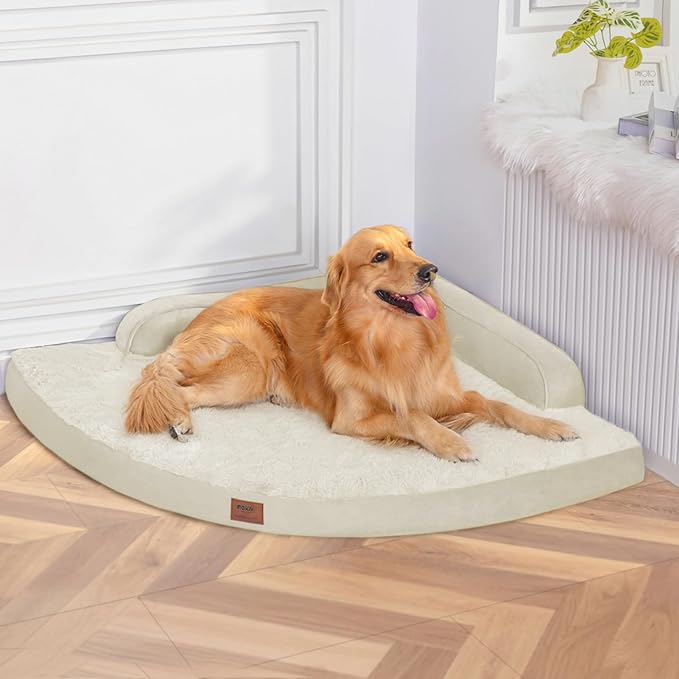 MEKIY Large Dog Bed - XL Orthopedic Egg-Crate Memory Foam Dog Beds with Removable Washable Cover, Waterproof Pet Beds with Non-Slip Bottom, Beige