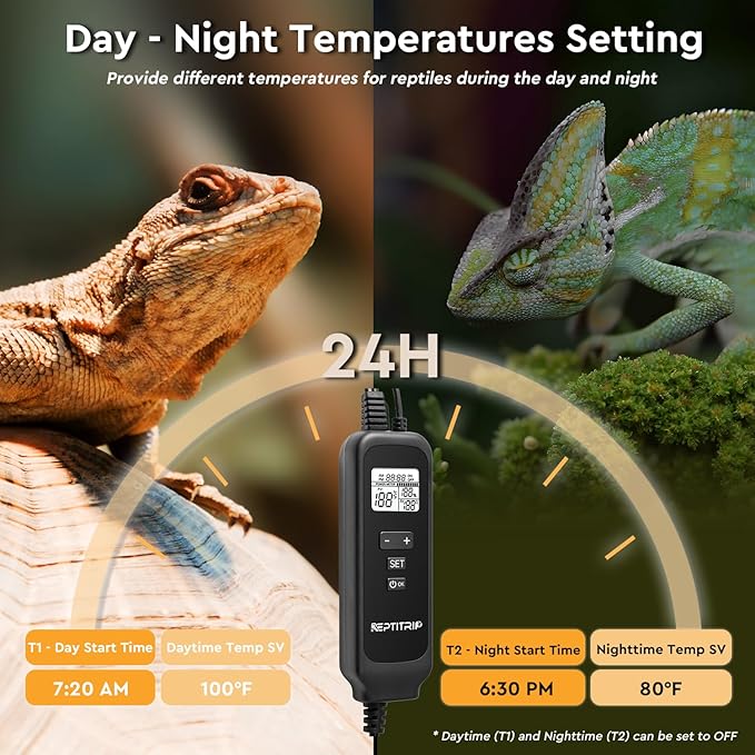 8.5-Inch Reptile Heat Lamp Fixture with PID Thermostat & 150W Ceramic Heat Emitter (Non-Light Emitting), Independent Day & Night Temperatures, Lampshade MAX 150W