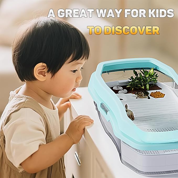 PC Turtle Tank 14'' x 8'' x 4.5'',Mini Aquatic Tank for Juvenile Turtle,Versatile Design for Small Turtles, Crabs,Fishes