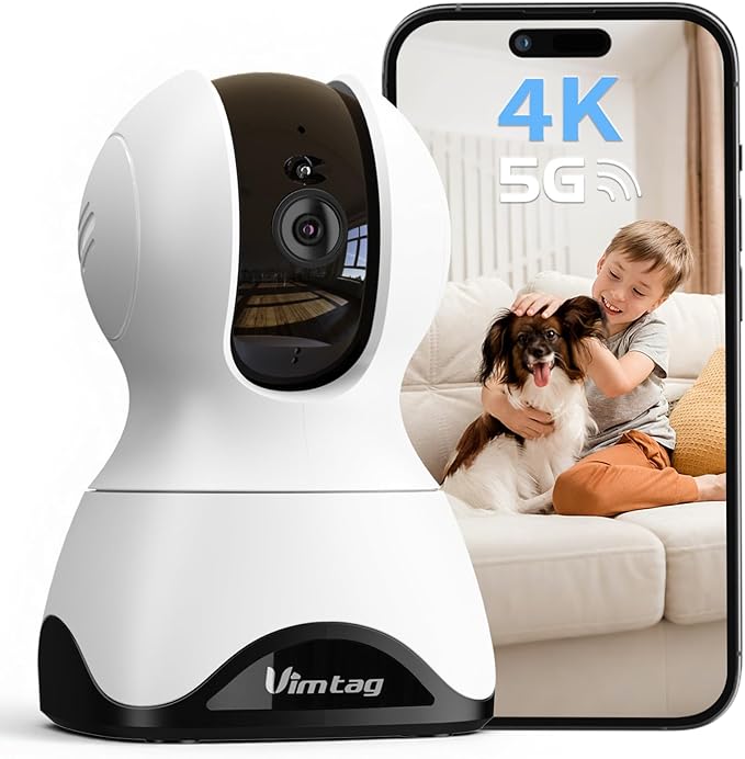 VIMTAG 8MP UHD Pan/Tilt Indoor Camera for Pet/Dog/Cat/Baby/Nanny, Wired Security Camera for Home with Phone App, Motion Tracking, Night Vision, 2-Way Audio, AI Detection, 5G/2.4G WiFi, Works w/Alexa