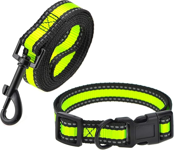 Mile High Life Night Reflective Double Adjustable Band Nylon Small Puppy Pet Dog Combo Collar Leash and Harness Set (Reflective Edge Lime Green, Large (Pack of 3))