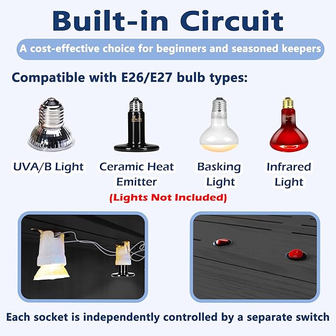Prolee 36 Gallon Reptile Tank, Tempered Glass Bearded Dragon Tank with Wooden Roof and Lockable Doors, Large Lizard Habitat with Built-in Lamp Fixture for Snakes, Iguanas, Chameleons (Black)