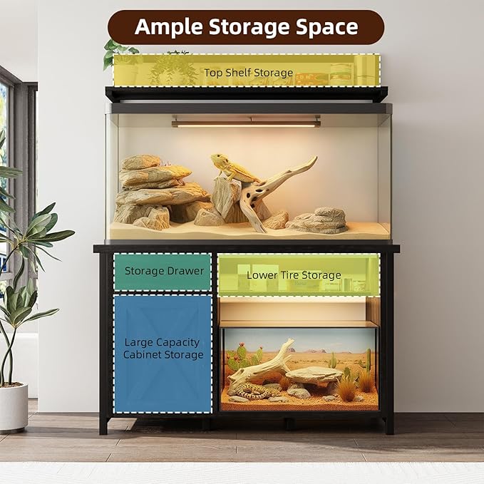 Reptile Tank Stand with Power Outlet, Terrarium Stand with Storage Cabinet, 49" X 20" Tabletop, Aquarium Stand with LED Lights, Reptile Terrarium,Turtle Tank (Oak)