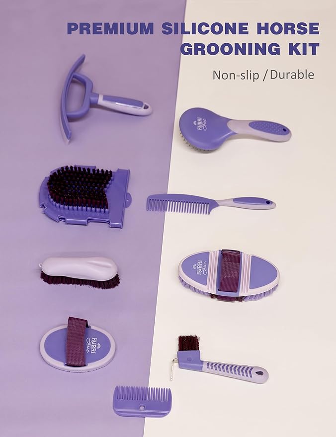 Horse Grooming Kit, 11-Piece Complete Grooming Supplies Set with Curry Comb, Brushes & Hoof Pick for Daily Care, Stable & Show Use Sugar Taro