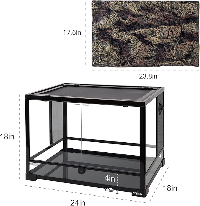 REPTI ZOO 34 Gallon Large Reptile Glass Terrarium Tank with Foam Backgrounds,Double Hinge Door with Screen Ventilation Reptile Terrarium 24" x 18" x 18"(Knock-Down)