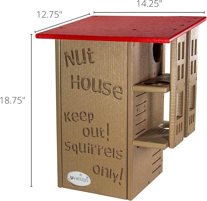 JCS Wildlife Ultimate Wooden Squirrel House, Multi-Tier Squirrel Nesting House with Predator Guards, Weather-Resistant Recycled Poly Lumber, Easy-Clean Tree House for Outside, Red & Tan