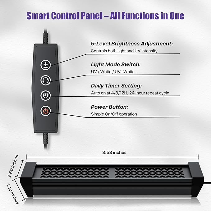 8.5" Aluminum UVB 10.0 LED Reptile Light Bar with Timer & Dimmer, Ultra-Slim Metal UVB/UVA Lamp for Terrariums – Even Light Output, Long Lifespan, Ideal for Bearded Dragons, Turtles & Lizards