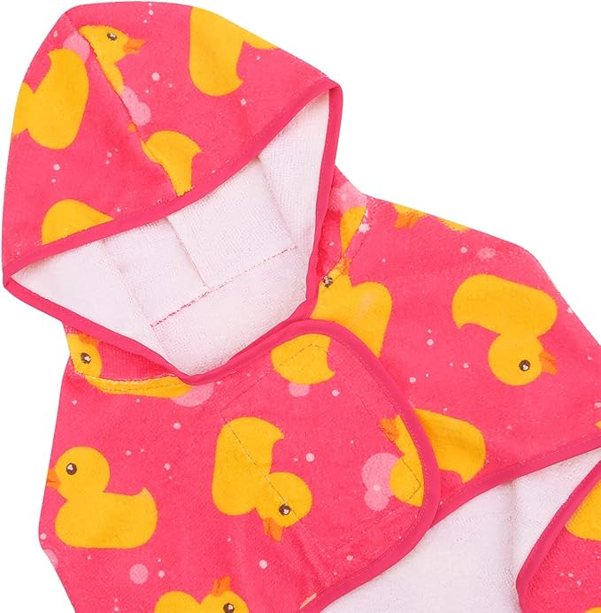HDE Dog Bathrobe Super Absorbent Quick Drying Puppy Towel Wrap Coat Adjustable After Bath Robes with Hood for Dog Sizes S-XXL Pink Rubber Ducks S