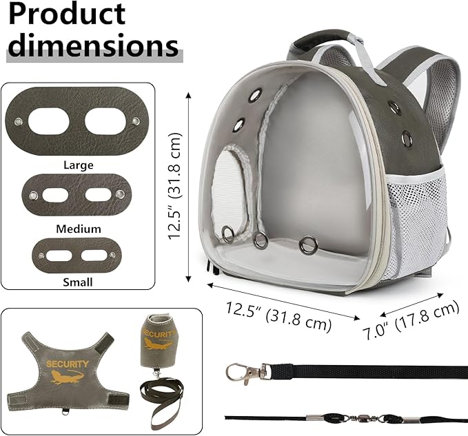 Bearded Dragon Carrier Backpack with Security Printing Harness Leash and 3-Sized Harness Set, Reptile Lizard Travel Guinea Pig Bunny Kitten Travel Carry Bag to Transport (Grey, PU Leather)