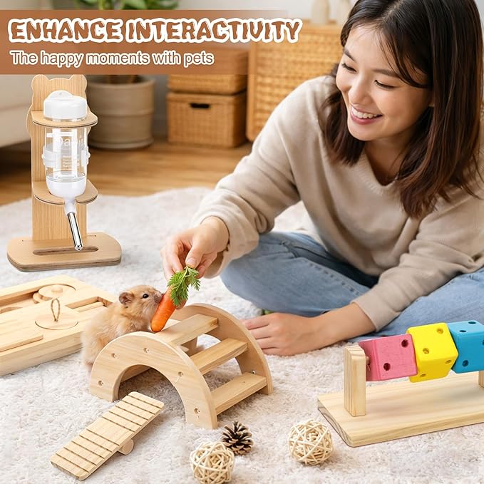Leinuosen 19 Pcs Hamster Cage Accessories Toy Set Large 12*9*7 Inch Wood House with Window and Water Bottle with Stand Foraging Toy Hideout Hamster Climbing for Starter Guinea Pig Small Animal Habitat