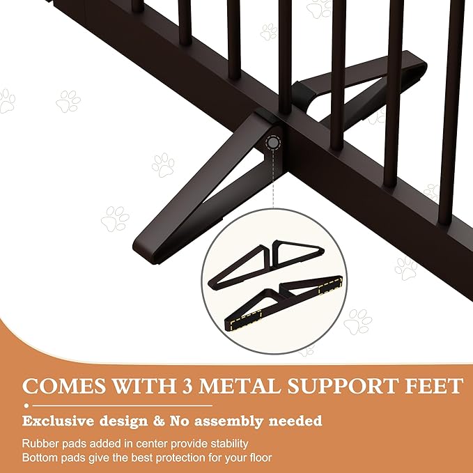 PUPETPO Freestanding Dog Gate with Door, Pet Gate for Stairs, 80 inch Wide Pet Barrier Indoor, Dog Fences Indoor, Support Feet Included, 4 Panels, 24" Tall, Dark Brown