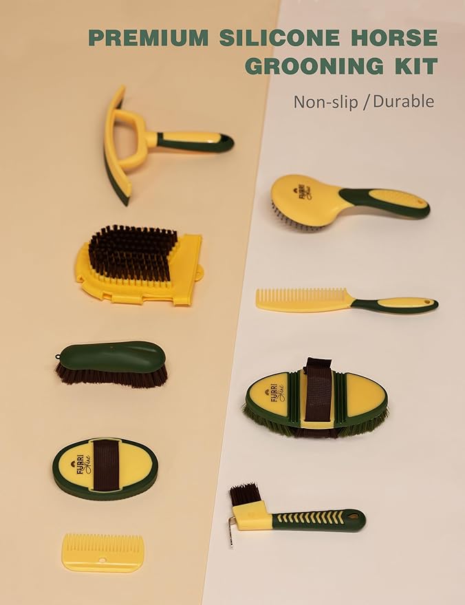Horse Grooming Kit, 11-Piece Complete Grooming Supplies Set with Curry Comb, Brushes & Hoof Pick for Daily Care, Stable & Show Use Pasture Glow