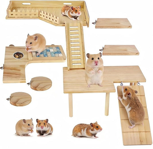 Wooden Hamster Cage Platform, Chinchilla Ledges, Activity Playground Habitat Decor, Hamster Cage Accessories for Dwarf Syrian Guinea Pigs Gerbil Rat Mice or Small Pets