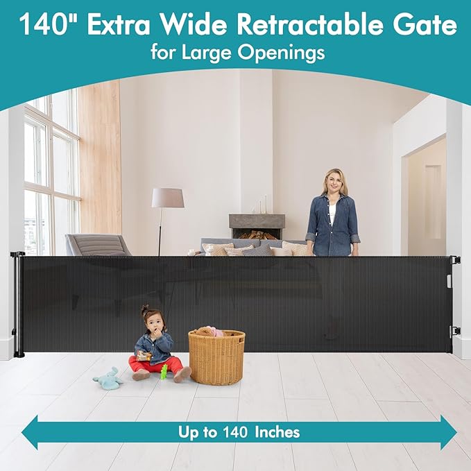 140 Inch Wide Retractable Baby Gates Extra Wide Retractable Dog Gate Outdoor Pet Gate Indoor Extra Long Baby Gate, Dog Gates for Doorways Extra Wide Pet Gate Retractable Fence for Wide Openings Black