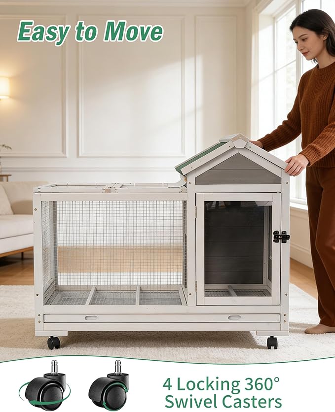Outdoor Wooden Rabbit Cage:Rabbit Hutch Indoor, Bunny Hutch with Leak-Proof Pull Out Tray&Hideout, Small Animal Cage for Rabbits, Large Guinea Pigs, Portable Habitat with Lockable Wheels