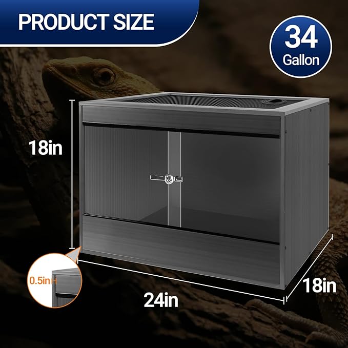 34 Gallon Reptile Enclosure, 24x18x18 Composite PVC Reptile Terrarium, 24" Wide Lightweight Eco Reptile Habitat Lounge for Crested Leopard Gecko Lizard Snake Tortoise
