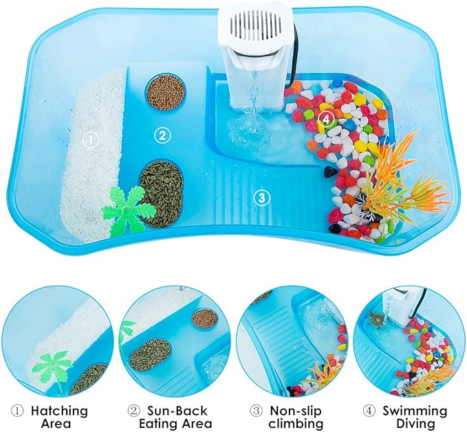Turtle Tank with Multi-Function Areas, Easy Assembly, Ideal for Small Turtles & Reptiles, Includes Plastic Tree & Fishing Net