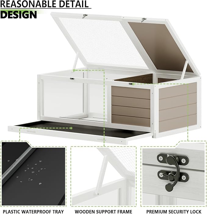 PRETZI Tortoise Habitat with Adjustable Lamp Holder, Turtle Enclosure Indoor/Outdoor, Wooden House for Small Animals, Large Reptile Terrarium Table with Detachable Legs (New White)