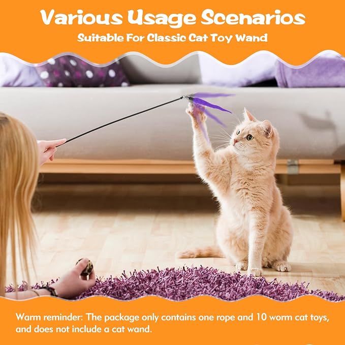 Kerros Fuzzy Worm Cat Wand Refills with Black String, 10 Pcs - Image 5