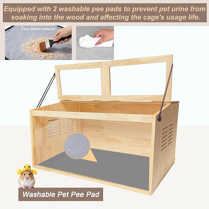 Wooden Hamster Cage,32" Lx16 Wx16 H,2 Washable Liner, Animal Cabinet for Dwarf Syrian Hamsters Degus, Hamster Habitat with Openable Top and Large Acrylic Sheets, Natural Wooden Hamster Habitat
