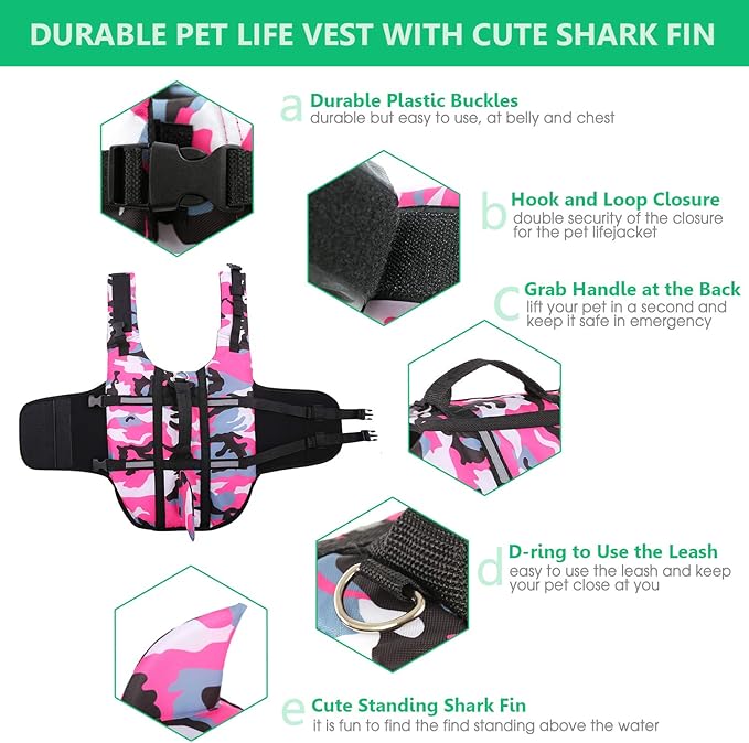 Queenmore Dog Life Jacket Pet Safety Vest High Buoyancy Camouflage Color Cute Shark with Strong Rescue Handle and Leash Ring for Boating, Canoeing, Surfing, Hunting, Pink L