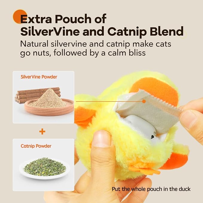 Potaroma Cat Toys Rechargeable Flapping Duck with SilverVine Catnip, Lifelike Quack Chirping, Touch Activated Kitten Kicker Plush Interactive Exercise Toys for All Breeds - Image 3