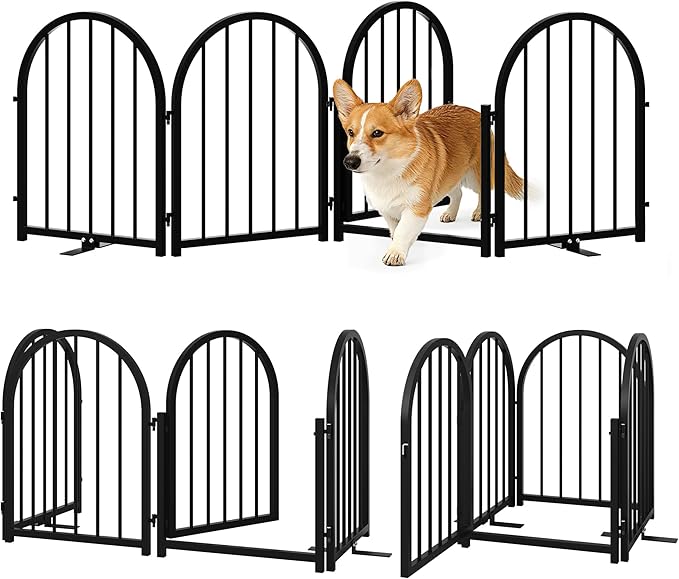 PUPETPO Full Metal Dog Gate with Door for Indoor Outdoor, 24" Tall Free Standing Pet Dog Fence, 72" Extra Wide Pet Gates for Stairs, Hallways, Doorways, Kitchen, Decks, Yards (Black, 4 Panels)