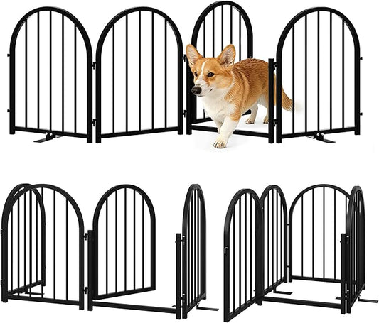 PUPETPO Full Metal Dog Gate with Door for Indoor Outdoor, 24" Tall Free Standing Pet Dog Fence, 72" Extra Wide Pet Gates for Stairs, Hallways, Doorways, Kitchen, Decks, Yards (Black, 4 Panels)