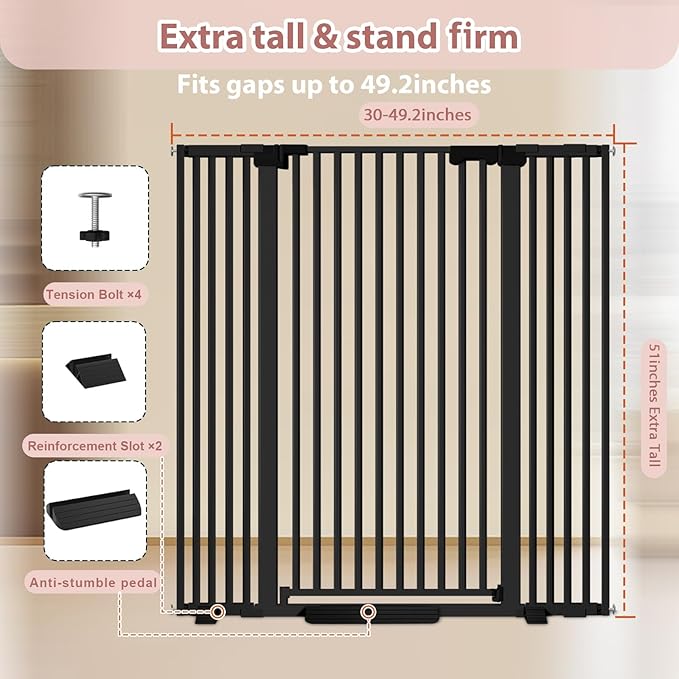 51'' Extra Tall Cat Gate Barrier for Doorways Hallways, Pressure Mounted Pet Dog Gates Ajustable Auto Close, Cat Fence Indoor Climb Proof 30-49'' Wide (Black)