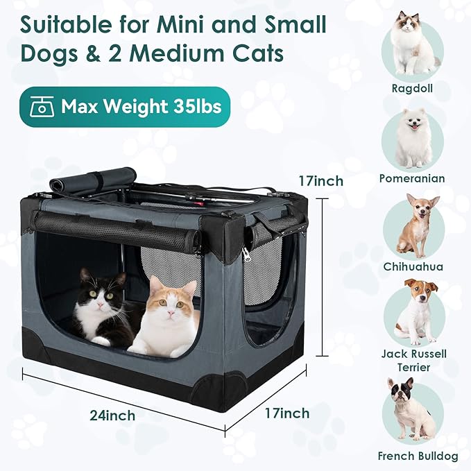 Soft Small Dog Crate - 24 inch Portable Travel Puppy Crate for Small Pets or 2 Cats, Collapsible Pet Carrier with 4 Mesh Doors, Car Kennel for Dogs with Handle for Indoor and Outdoor, Grey