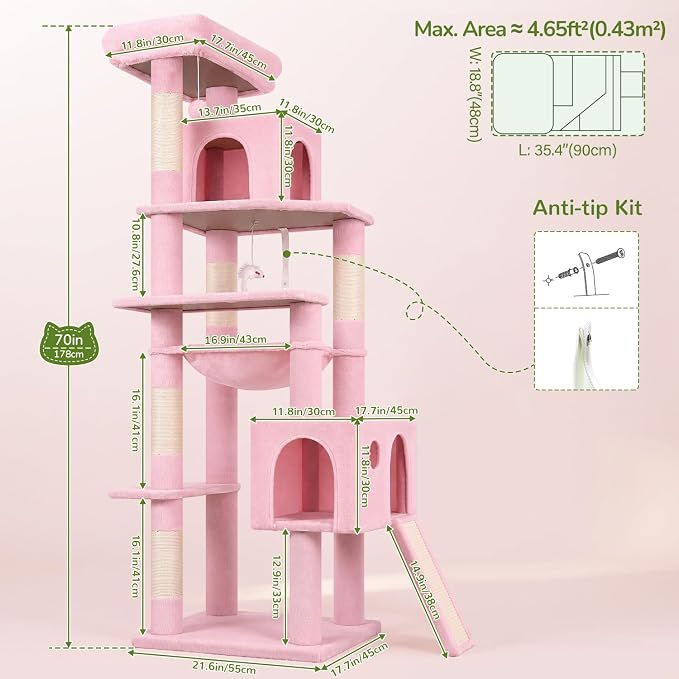 Globlazer Pink Heavy Duty Cat Tree, 70 inch Sturdy Cute Cat Tower for Indoor Cats Extra Large Cat Tower with Scratching Post, Hammock, Cat Condo for Adult Cats Kittens, F70 Pro, Pink - Image 6
