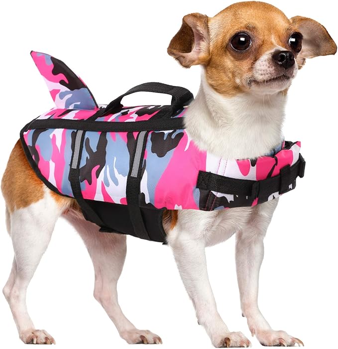 Queenmore Dog Life Jacket Pet Safety Vest High Buoyancy Camouflage Color Cute Shark with Strong Rescue Handle and Leash Ring for Boating, Canoeing, Surfing, Hunting, Pink S