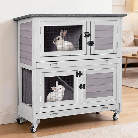36’’ Wooden Rabbit Hutch Indoor or Outdoor, 2 Story Rabbit Cage with 2 Leak Proof Trays, Mobile Bunny Hutch with Wheels, Anti-Chew Ramp for Guinea Pig (Grey)