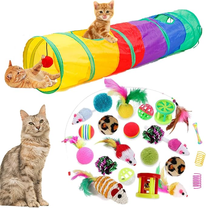 32Pcs Cat Toys Kitten Interactive Pet Toys Assortments, Foldable Rainbow Tunnel, Cat Feather Teaser Wand Interactive Feather Toy Fluffy Mouse Crinkle Balls Bell Play for Cat Puppy Kitty Kitten(2 way) by ISMARTEN