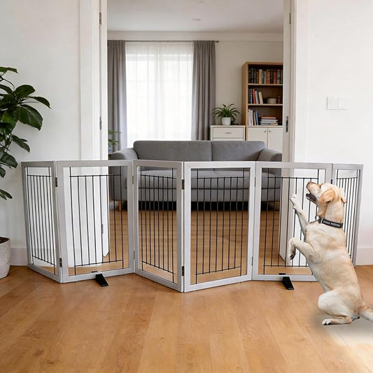 ZJSF Freestanding Dog Gate Indoor, Foldable Dog Fence for Doorways,Hallways or Stairs, Sturdy Wood Extra Wide Pet Gate with Support Feet,Grey,32 "Height-6 Panels