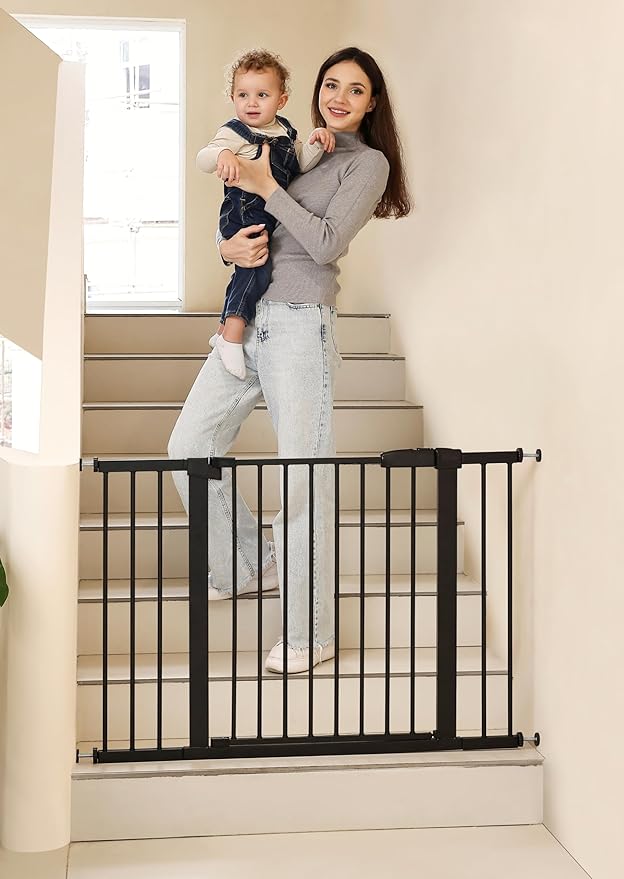 44.72"-46.89" Baby and Pet Safety Gate, 30" Tall Metal Walk-Thru Gate for Doorways & Stairs, Easy One-Hand Open, Dual Lock, Extensions & Wall Mounts Included (Black, 29"-46" W x 30.5“H)