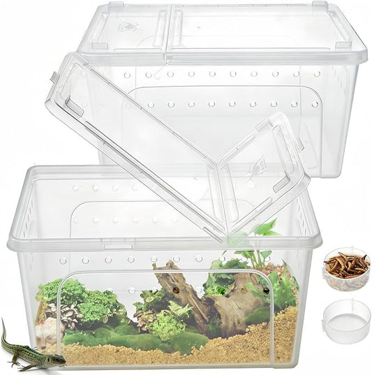 Tlence 2 Pack Critter Keeper, 12.6"x8.7"x6" Clear Plastic Enclosure Terrarium, Portable Transport Container with Feeding Bowl, Small Hatching Container with Ventilated Lid for Snake, Lizard, Gecko
