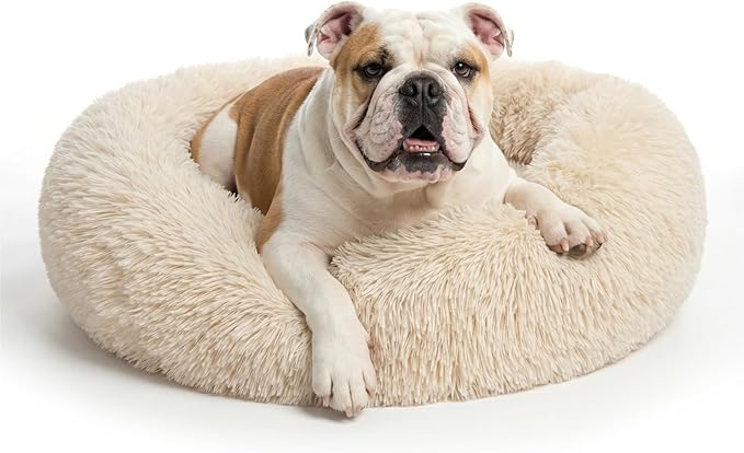 Calming Dog Bed for Medium Dogs Washable Donut 30 inches Anti-Slip Pet Bed,Round Fluffy Plush Faux Fur Cat Bed,Fits up to 45 lbs Pets,Beige