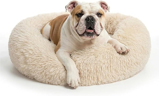 Calming Dog Bed for Medium Dogs Washable Donut 30 inches Anti-Slip Pet Bed,Round Fluffy Plush Faux Fur Cat Bed,Fits up to 45 lbs Pets,Beige